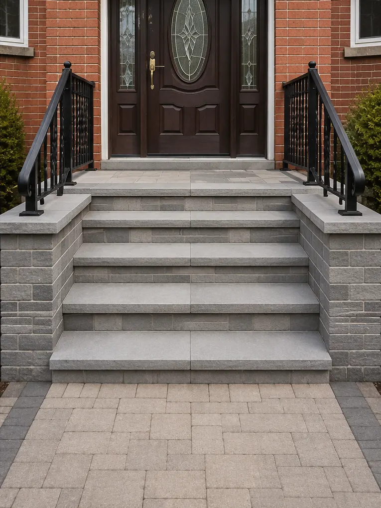 The finished stoop: new grey stone treads, clean block cheek walls, a new paver walkway and a black rail