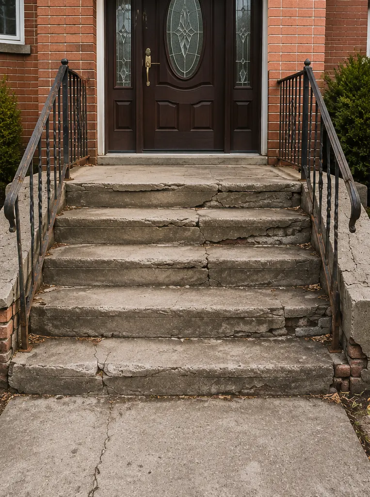 The same front steps before the rebuild: cracked, spalling concrete treads with weeds in the joints and a rusting rail